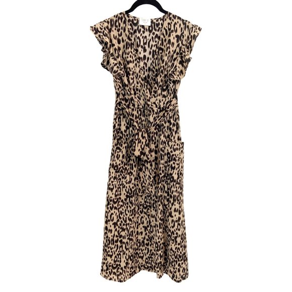 Sienna Sky Dresses & Skirts - Cheetah Leopard Animal Print V-Neck Maxi Dress with Frill Sleeves & Pockets